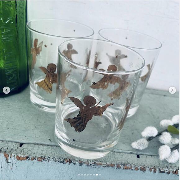 Vintage Culver MCM Lowball Glass Barware Gold Angel Cherub Snowflake SET 3 - Picture 7 of 8